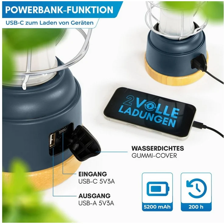Nordmut Außen-Tischleuchte Campinglampe LED Akku aufladbar, 5200 mAh Powerbank, dimmbar, USB, LED fest integriert, Warmweiß, Tageslichtweiß, 200h Leuchtdauer, IPX4 wetterfest, Zeltlampe, Outdoor, Camping Licht – Bild 4