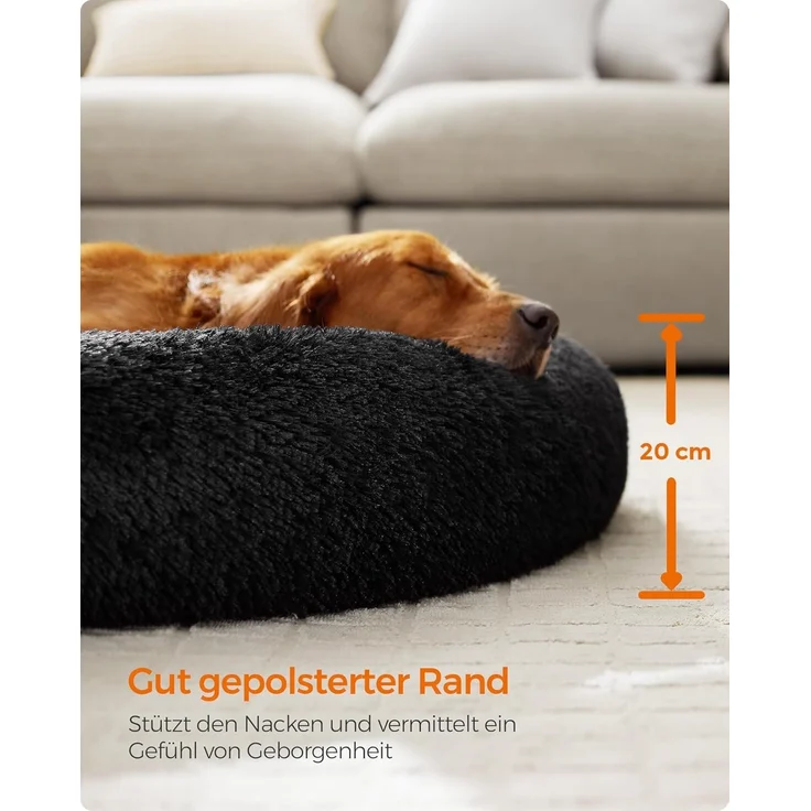 Feandrea Hundebett flauschig, Katzenbett, Donut Kissen, waschbar, Polsterung in der Mitte herausnehmbar, Langer Plüsch, 120 cm Durchmesser, tintenschwarz PGW043B01 – Bild 4