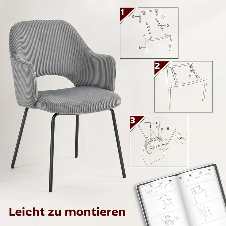 HOMCOM Esszimmerstuhl mit Armlehne, Rückenlehne, gepolsterte Sitzfäche, Stahlbeinen (Küchenstuhl, 1 St), bis 120 kg belastbar, für Küche, Esszimmer, Wohnzimmer, Grau – Bild 7