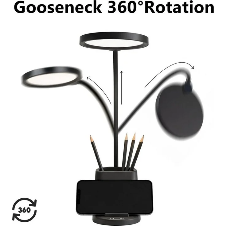 LQWELL LED Schreibtischlampe 4 in 1 LED Schreibtischlampe USB Aufladbar, LED fest integriert, 3 Helligkeitsstufen Nachtlicht, 360° Flexibel Stifthalter Tischlampe Studienlampe, mit Telefonhalter,für Heimbüro – Bild 4