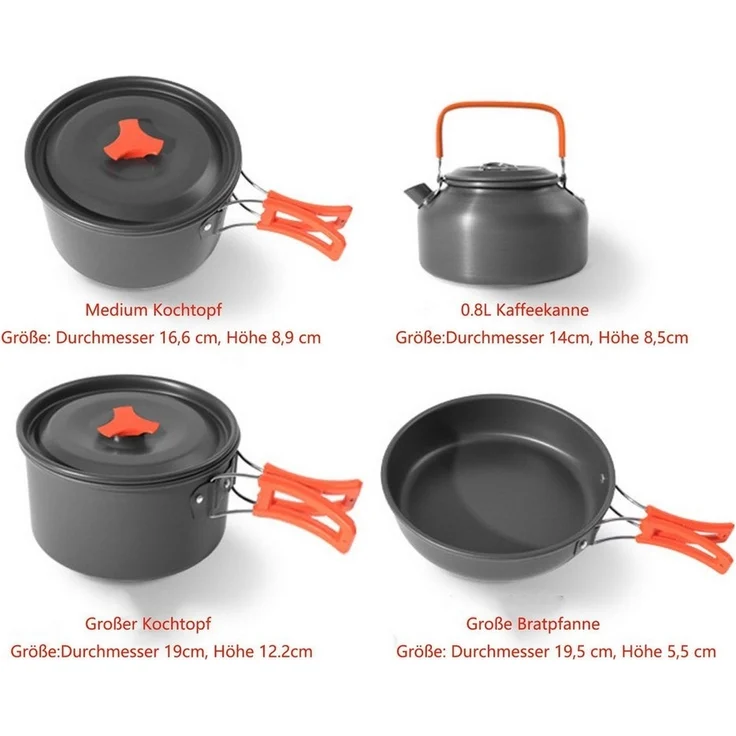 Rhein Beleuchtung Topf-Set Camping Kochgeschirr Set 16-tlg. – Camping Topf & Camping Geschirr, Aluminium (16-tlg, Mit Suppentopf, Antihaftpfanne, Wasserkocher & Geschirr komplett), Leicht, stapelbar & tragbar – inkl. Tasche für Outdoor und Camping – Bild 2