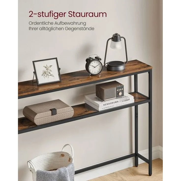 Vasagle Konsolentisch, schmaler Sofatisch mit 2 Ablagen, 20 x 80 x 80 cm, Flurtisch, 2 Ebenen, für Flur, Wohnzimmer, Schlafzimmer, vintagebraun-tintenschwarz LNTDE130K01 – Bild 2