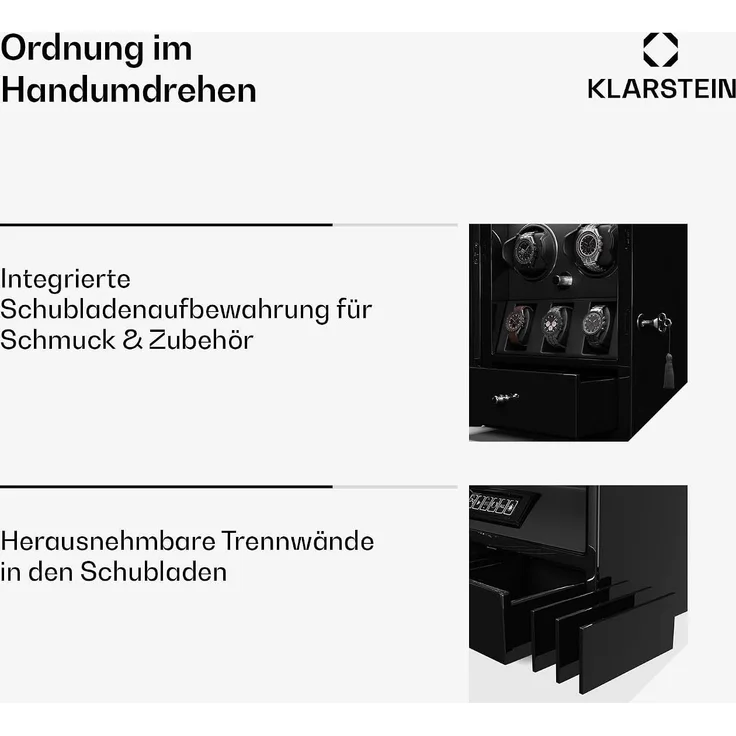ChronoVault Uhrenbeweger | 2+3 Uhren | vegan | Hochglanz | 4 Modi | Mabuchi Motor | LED | Schublade Schwarz – Bild 6