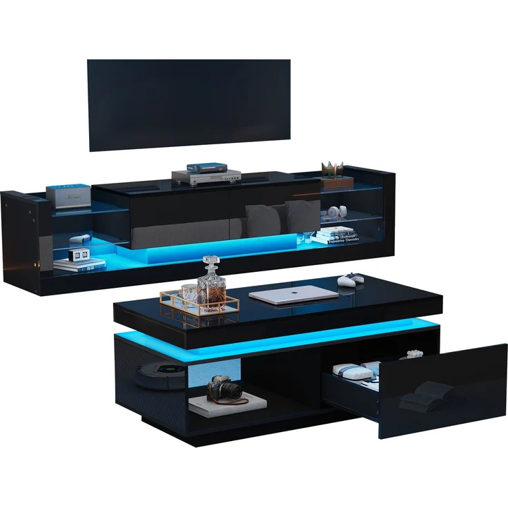 Merax TV-Wandschrank-Set, schwarzer TV-Schrank + schwarzer Couchtisch, schwarzer Hochglanz-Wandschrank, Wohnzimmerset, Hochglanz-Set mit LED-Leuchten – Bild 9