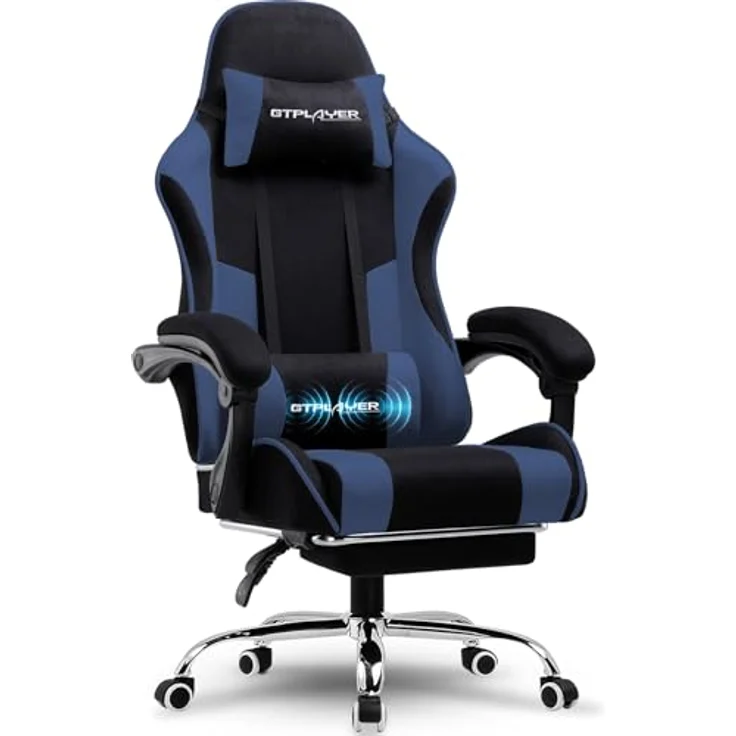GTPLAYER Gaming Stuhl, Bürostuhl, Ergonomischer Pc Stuhl, Gaming Sessel mit Massagelendenwirbelstütze, Task Stühle mit Fußstütze und Kopfstütze, Blau Stoff – Bild 2