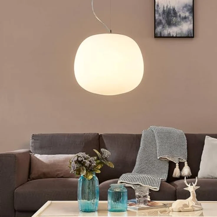 Lindby Pendelleuchte aus Glas, E27 max. 60W, weißer Opalglas-Lampenschirm, modernes Design, Ø 38 cm, höhenverstellbar 150 cm – Bild 3