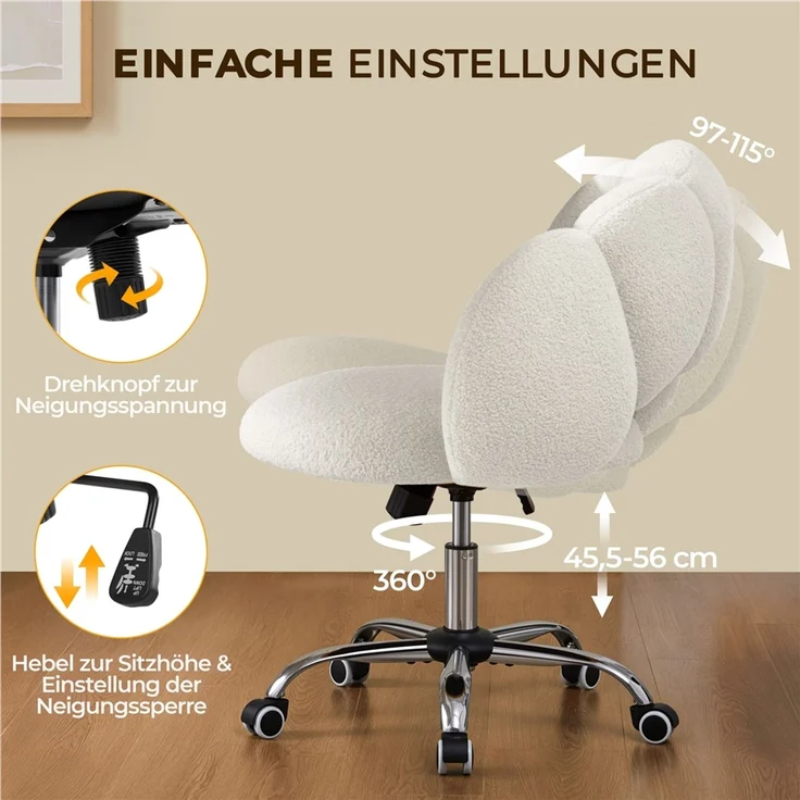 Yaheetech Drehstuhl mit Schaukelfunktion, Höhenverstellbar (45,5 - 56 cm), Bouclé-Gewebe, Weiß – Bild 10