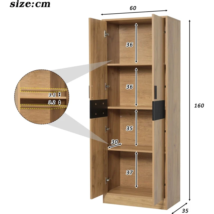 Hochschrank 60 x 35 x 160 cm in Eichenoptik mit verstellbaren Einlegeböden und Soft-Close-Türen – Bild 3