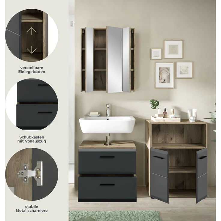 Badkombination (B/H/T: 135x185x30 cm) in schwarz matt und Nox Oak Nachbildung – Bild 7