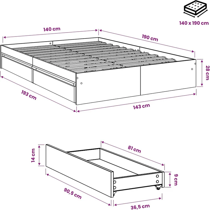 vidaXL Bettgestell mit Schubladen Sonoma-Eiche 140x190cm Holzwerkstoff 3280687 – Bild 10