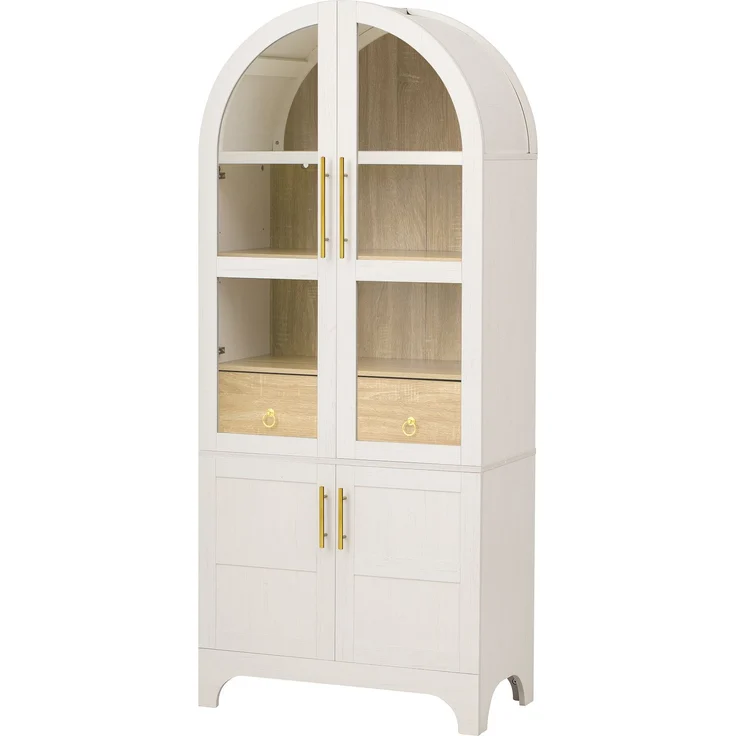Highboard mit verstellbaren Regalböden und Schublade, Küchenschrank mit Riffelglas und großem Stauraum, Ideal für Esszimmer, Wohnzimmer und Küche (Weiß)--Weiß--76x40x180cm--YOUDENOVA – Bild 10