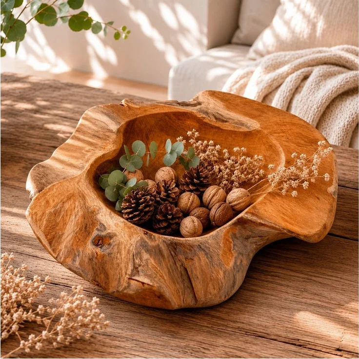 Online-Fuchs Dekoschale aus Teakholz als Obstschale, Schlüsselbrett, Schmuckkästchen (jede Schale ein Unikat, vielseitige Funktionalität), massives Teakholz, markante Maserung, rustikaler Charme – Bild 1
