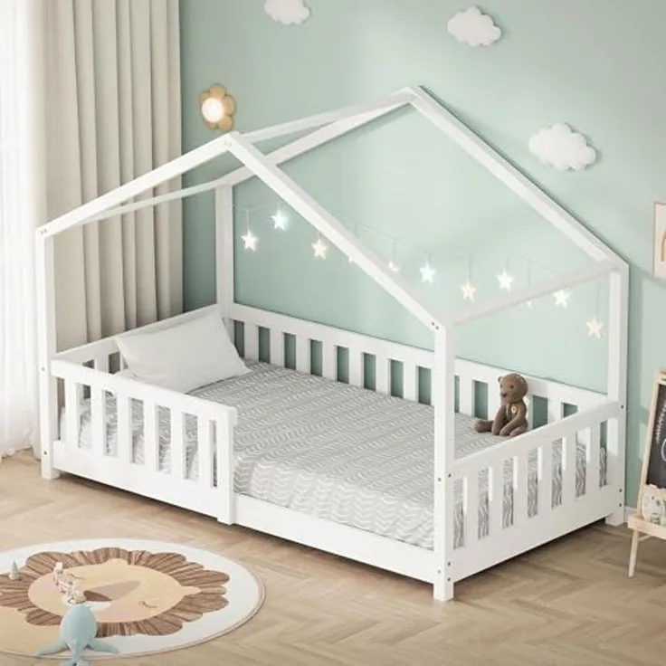 ML-DESIGN Spielbett Hausbett Kinderbett inkl. Lattenrost & Rausfallschutz Kinder Bodenbett, Abenteuerbett 80x160 cm Haus Bett Himmelbett Kiefer Jugendbett Weiß