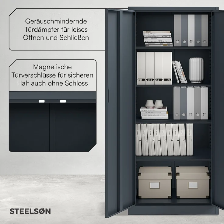 STEELSØN 'Regulus' Aktenschrank, Metall, anthrazit, 175x40x80 cm, abschließbar, Metallschrank mit 5 Fächern, geeignet als Werkzeugschrank – Bild 6