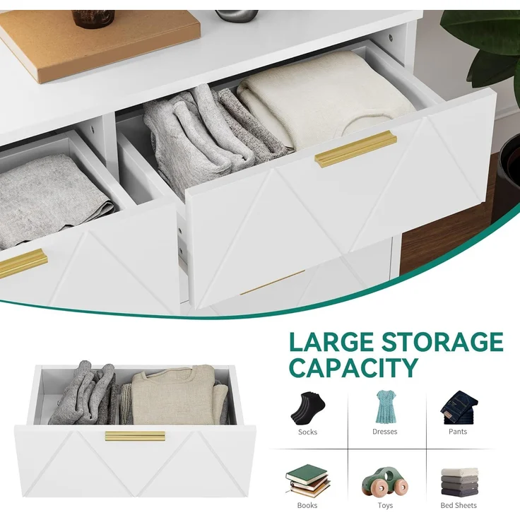 YITAHOME Kommode Schlafzimmer, Zeitgenössische 6 Schubladen, Schlafzimmermöbel, Breite Kommode Holz, Schlafzimmer Aufbewahrungseinheit, Schiebeschubladen, Büro Lounge Möbel Aufbewahrungsschrank, Weiß – Bild 5