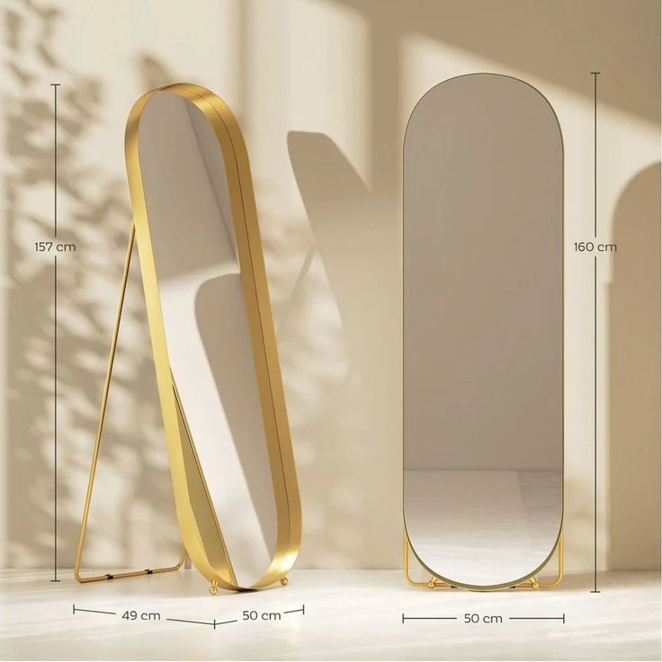 HOMCOM Standspiegel rechteckiger Ganzkörperspiegel mit abgerundeten Ecken (für Schlafzimmer, Wohnzimmer, 1-St, zum Aufstellen auf dem Boden oder an die Wand), 40 x 6 x 160 cm, Gold – Bild 2