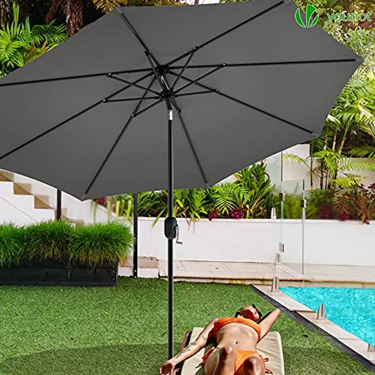 VOUNOT Sonnenschirm 270 cm mit Kurbelvorrichtung, Knickbar, Sonnenschutz UV-Schutz, Balkonschirm Gartenschirm Marktschirm mit Schutzhülle, Grau – Bild 6