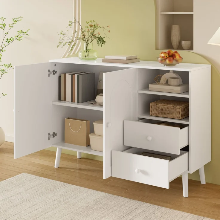 Merax Sideboard, gewölbte Türen, Holzgriffe, Holzfüße, mit 2 Türen, 2 Schubladen und 2offenem Fach, Mehrfachaufbewahrung, Weiß – Bild 6