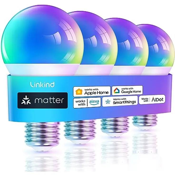 Linkind Matter Smart RGBTW Lampe, Wifi E27 Alexa Glühbirne, 1800-6500K Mehrfarbige WLAN Intelligent Birne, Musik Sync, Kompatibel mit Siri/Google Home/SmartThings, 800 Lumen, ersetzt 60 Watt, 4 Stück