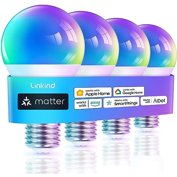 Linkind Matter Smart RGBTW Lampe, Wifi E27 Alexa Glühbirne, 1800-6500K Mehrfarbige WLAN Intelligent Birne, Musik Sync, Kompatibel mit Siri/Google Home/SmartThings, 800 Lumen, ersetzt 60 Watt, 4 Stück – Bild 1