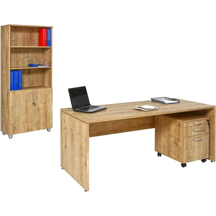 Schreibtisch Set 1 Nuvi, Saphir Eiche Dekor, inkl. Schreibtisch 180 cm, Rollcontainer 3 Schübe & Aktenschrank190 cm hoch – Bild 7