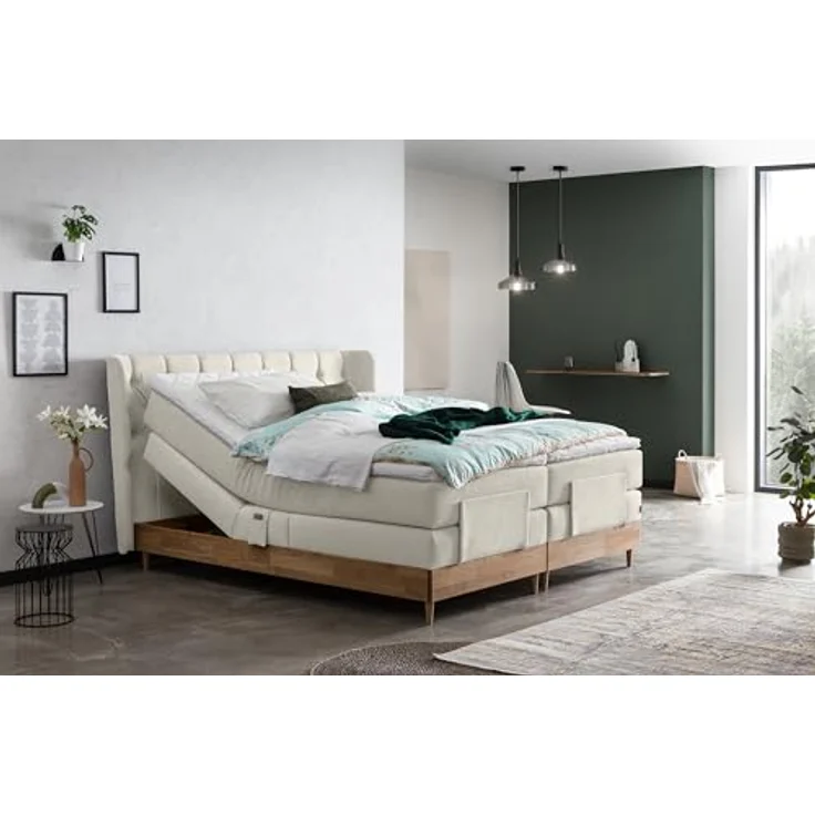 Belanoti Boxspringbett EON (Boxspringbett 160x200 elektrisch verstellbar Bett 160x200 mit Motor, 7-Zonen Taschenfederkern Matratze inklusive Visco Topper), in der Farbe Beige H2/H3 Polsterbett Motorbett mit Eiche – Bild 10