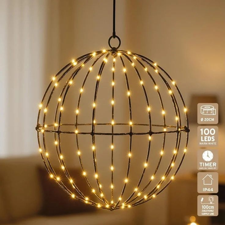 mucHome LED Kugelleuchte LED Metall Lichterkugel Ø20 cm, 100 warmweiße LEDs mit Timer, Batterie – Bild 1