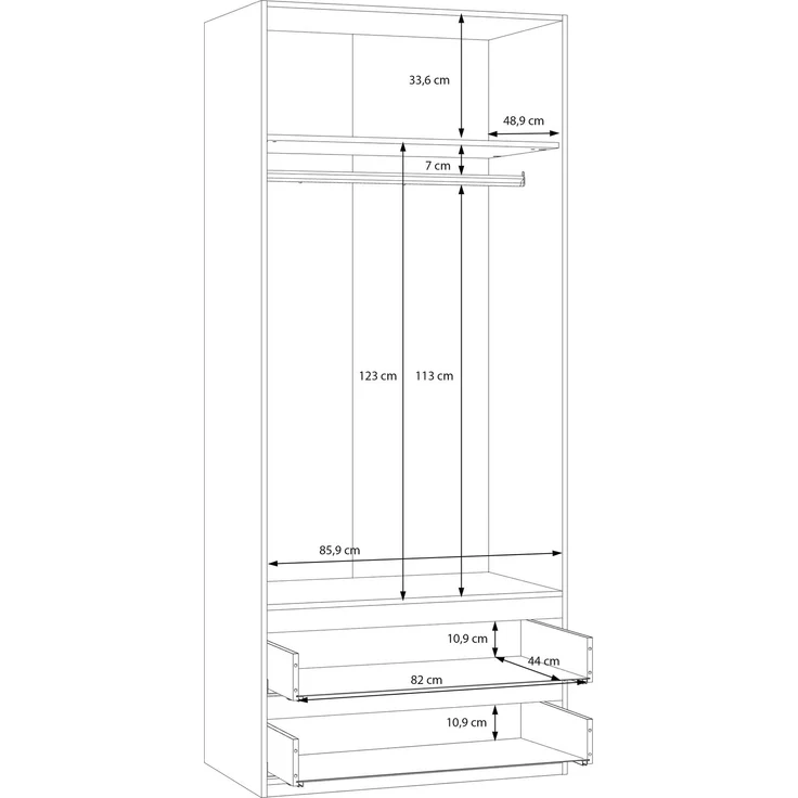 Forte PANOPTIK Kleiderschrank 90, schmaler, moderner Schrank, 2-türig, 2 Schubladen, Schlafzimmer, Jugendzimmer, Kaschmir|Beige|Riva Eiche Holzdekor, 48 cm breit x 210,5 cm hoch x 54,2 cm tief – Bild 7