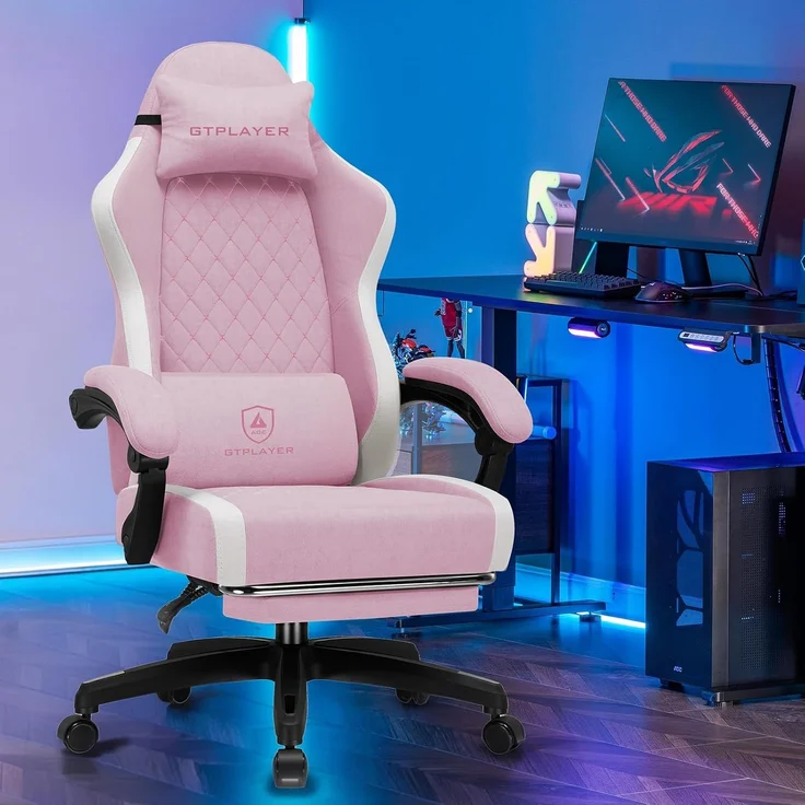GTPLAYER Gaming Stuhl Ergonomischer, PC Stuhl Atmungsaktiver Stoff, Groß und Hoch Drehbarer Schreibtischstuhl mit Fußstütze,Verstellbare Lendenwirbelstütze und Kopfstütze,Rosa – Bild 2