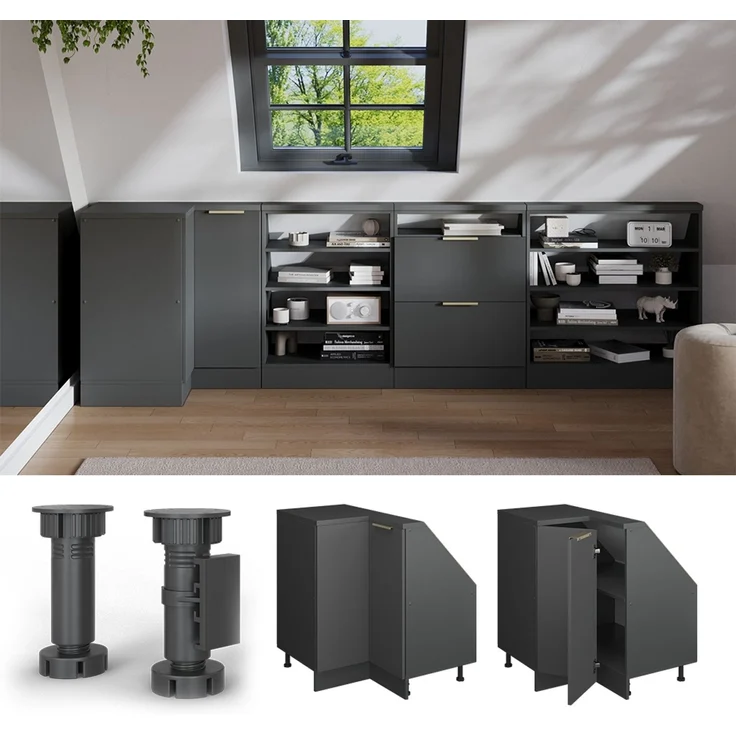 Eck-Küchenschrank für Dachschrägen R-Line Anthrazit-Gold 75.6 cm mit 1 Tür Vicco – Bild 4