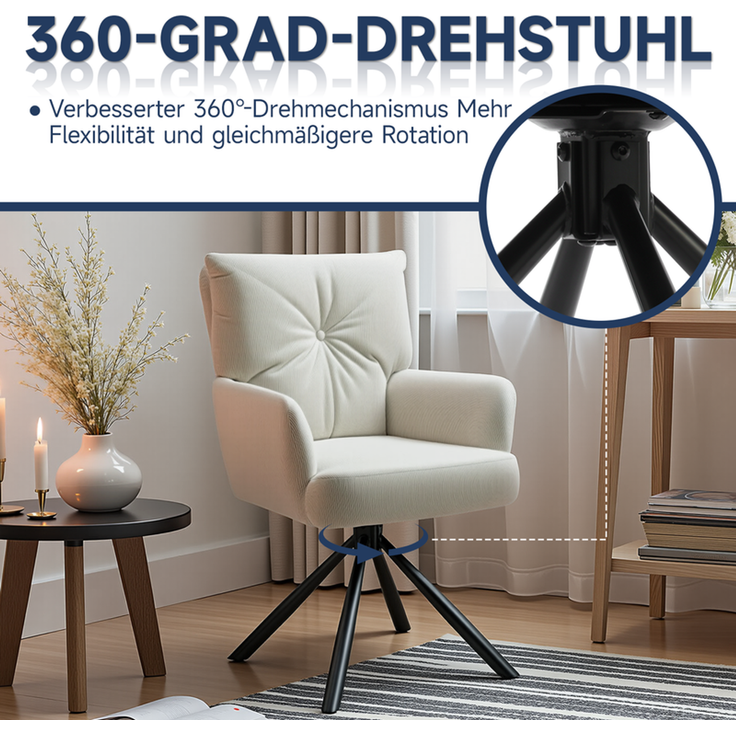 HOME NATURE WOHNKONZEPT Esszimmerstuhl, 360° drehbar, Cordstoff, Küchenstuhl Lehnstuhl Stuhl, geeignet für Schlafzimmer/Schminktisch, 49x46x94 cm (Weiß) – Bild 4