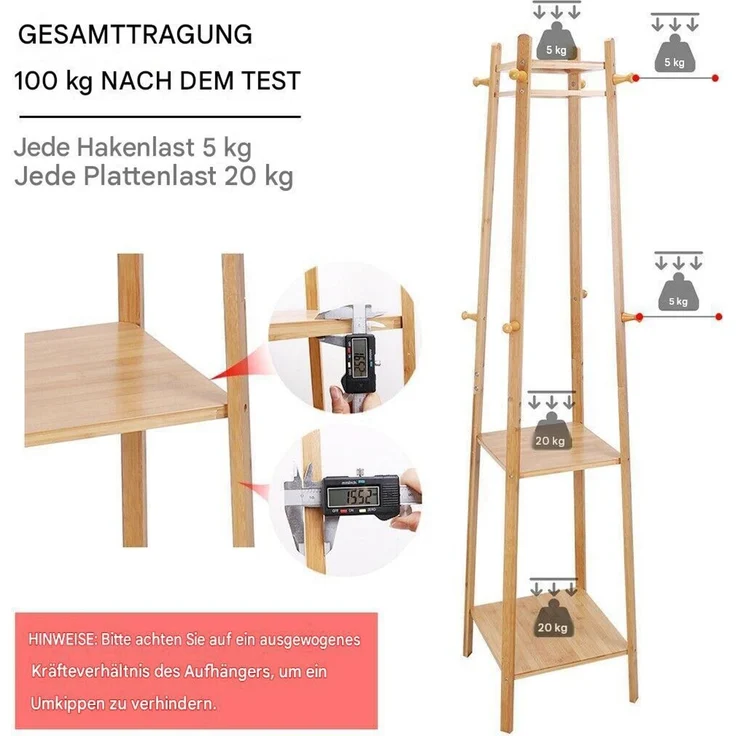 UNHO Kleiderständer Garderobenständer mit 8 Haken 3 Ablagen Bambus Beige 39 x 39 x 169 cm – Bild 5