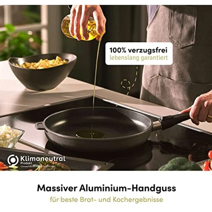 Hoffmann Germany Grillpfanne Steakpfanne Aluguss eckig 28x28 cm mit Deckel – Made in Germany, Aluguss (Set, 2-tlg, 1x Grillpfanne 28x28 cm + 1x Glasdeckel), Grillstreifen, abnehmbarer Griff, Antihaft, backofenfest, Induktion – Bild 5