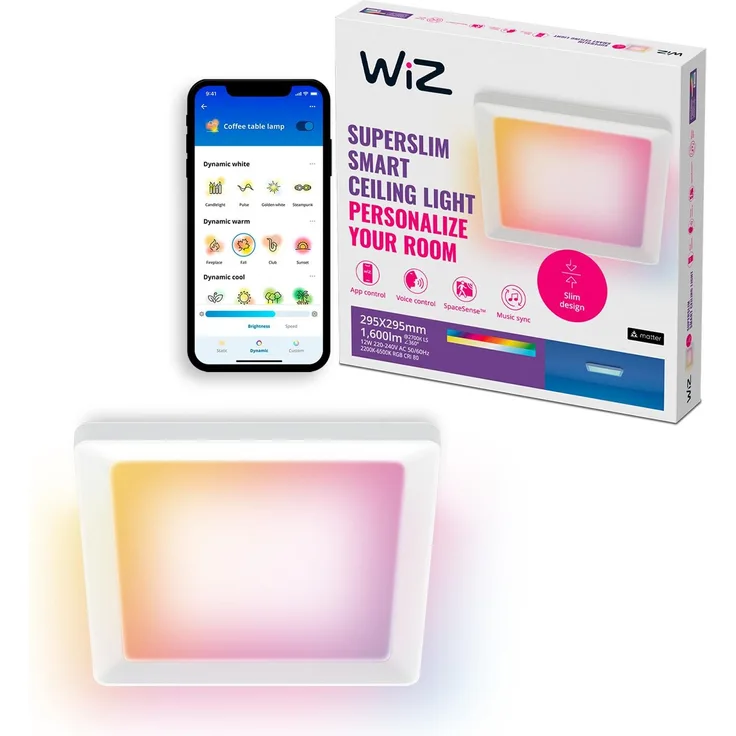 WiZ smarte Deckenleuchte - Schlankes quadratisches Design, 295 x 295 mm, Sprach- / App-Steuerung, Zeitplanung, funktioniert mit Google Home, Amazon Alexa und Apple HomeKit, Innenbeleuchtung, weiß