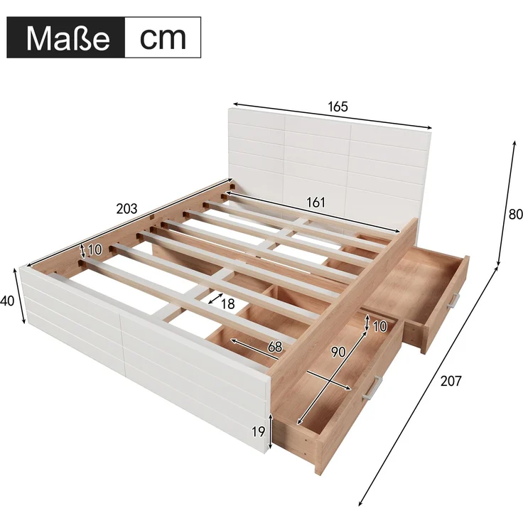 Doppelbett 160x200 cm Weiß Eiche, Bettgestell mit 2 Schubladen, Massivholzrahmen, Stauraumbett mit Lattenrost,inklusive Matratze – Bild 10