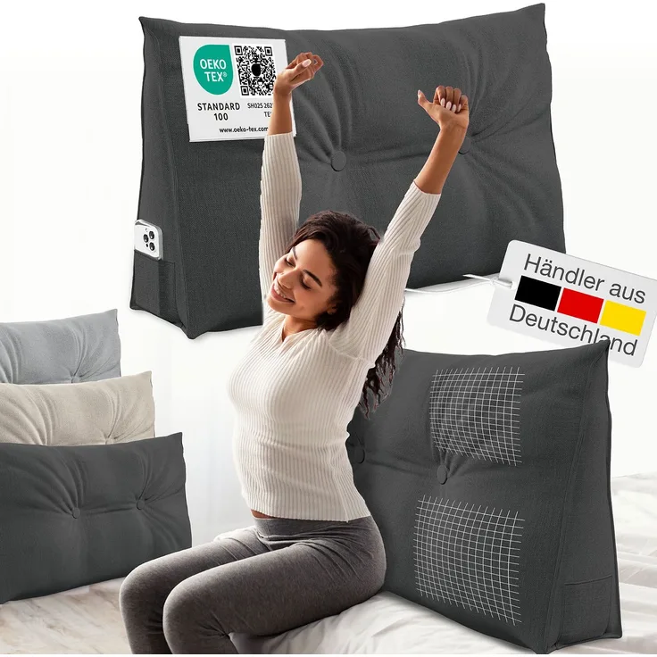 ELONEO Rückenkissen Keilkissen für Bett und Sofa, Lesekissen mit praktischem Seitenfach, 1-tlg, mit praktischem Seitenfach, Lesekissen, mit waschbarem Bezug