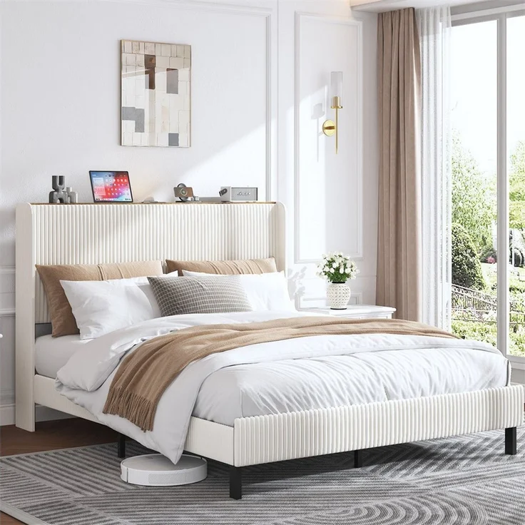 MODFU Polsterbett Gepolstertes Plattformbett mit Stoffköpfchen (Flügelkantendesign – rutschfest & geräuscharm. Robuste Metalllatten, 1-tlg, 160*200) – Bild 2