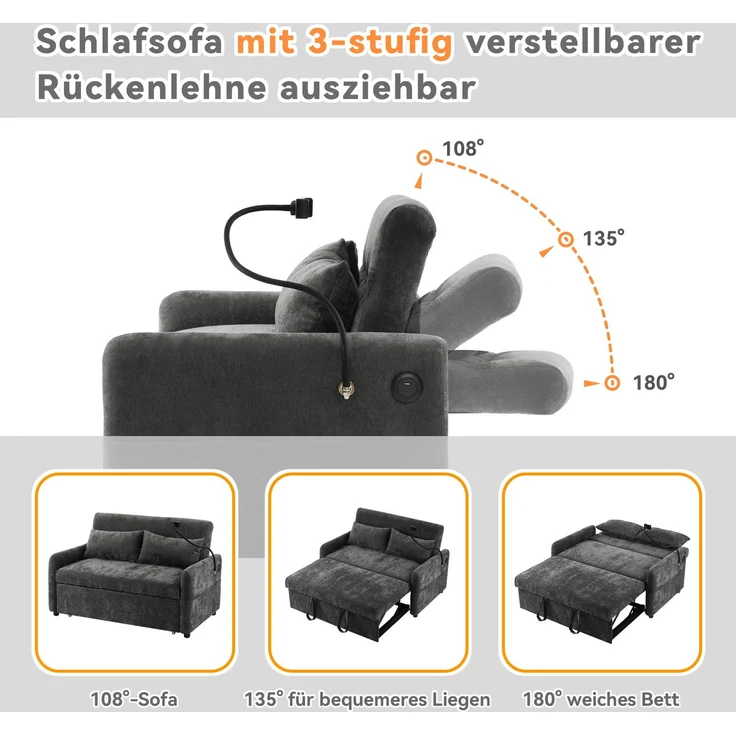 Ausziehbares Schlafsofa 2-Sitzer mit USB-Anschluss & verstellbarer Rückenlehne mit Kissen und Stauraumtaschen,multifunktionales,Grau – Bild 7