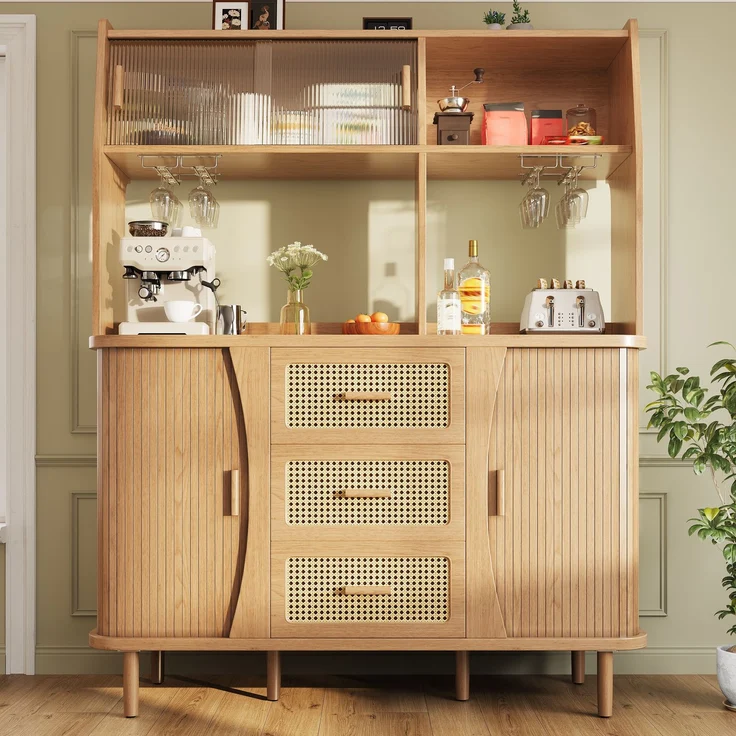 TavilaEcon Küchenbuffet Hochwertiger Buffetschrank mit Rattanoptik & Glasschiebetüren natur 174,5 × 40,5 × 140 cm (H × T × B) – Bild 1