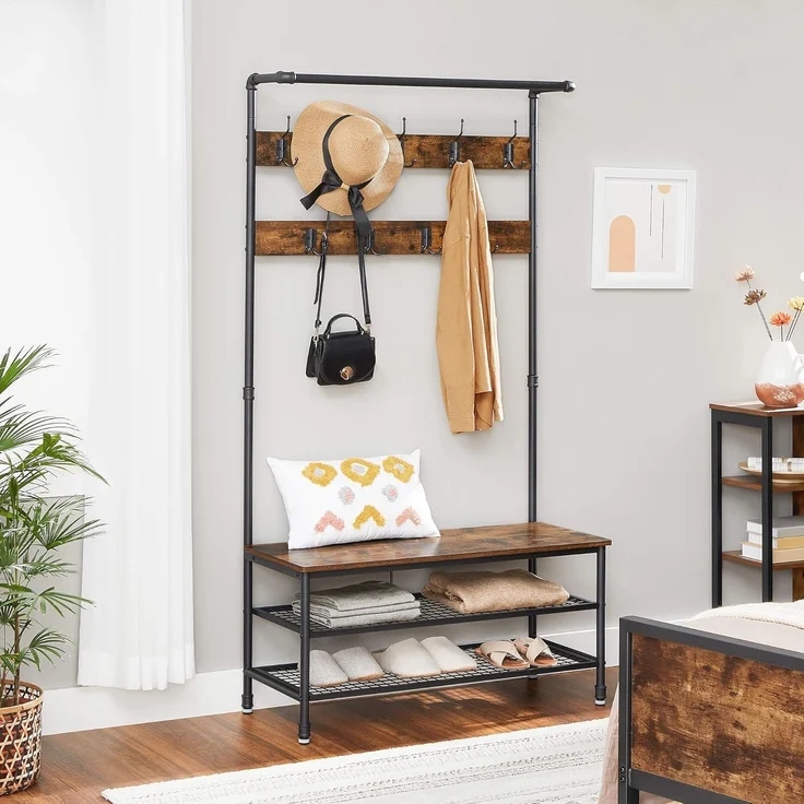Vasagle Garderobenständer mit Sitzbank und Haken, Holz Vintagebraun/Schwarz, 100 x 41,5 x 182 cm – Bild 4