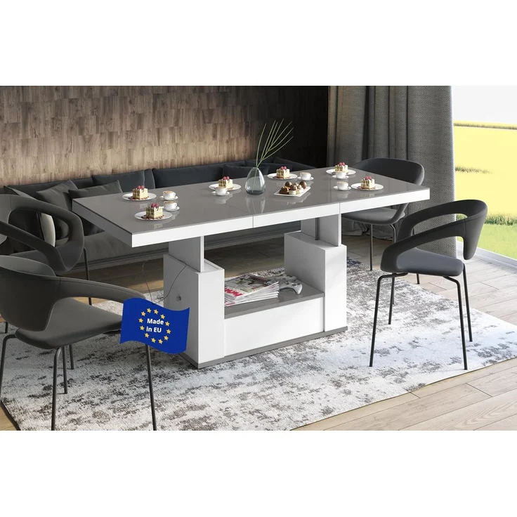 designimpex Couchtisch HM-111 Grau / Weiß Hochglanz Schublade höhenverstellbar ausziehbar, Funktionstisch, Wohnzimmertisch, Tisch, Esstisch, Sofatisch, Schublade