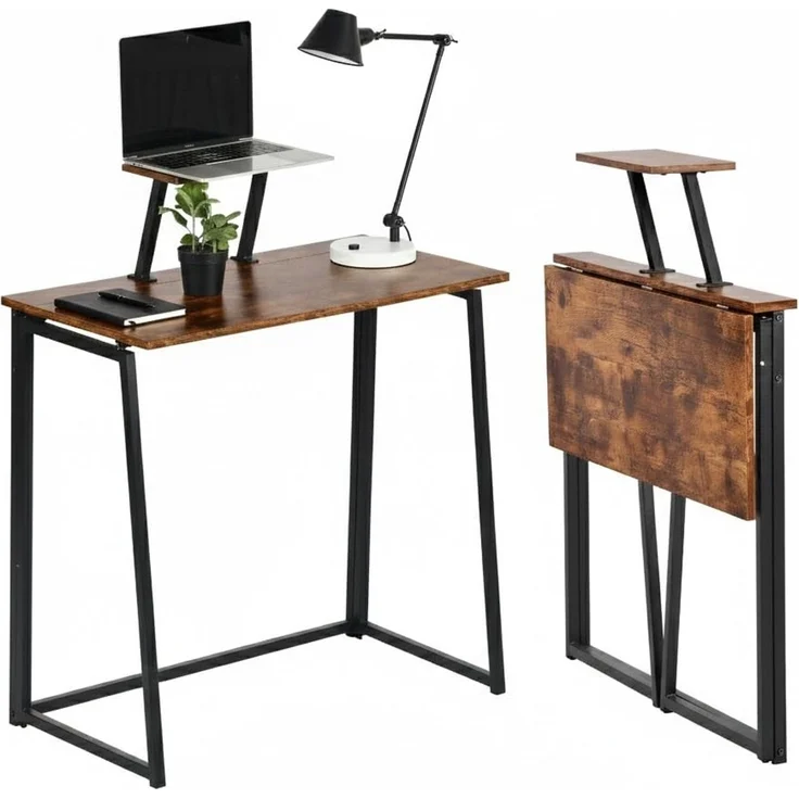FurnitureR Kompakter Klappschreibtisch 80 × 40 cm, Platzsparender Laptop Tisch für Studenten, WG und Kleine Wohnungen, Stabiler Computertisch mit Metallrahmen, mit Metallrahmen & MDF-Holzplatt，Vintage