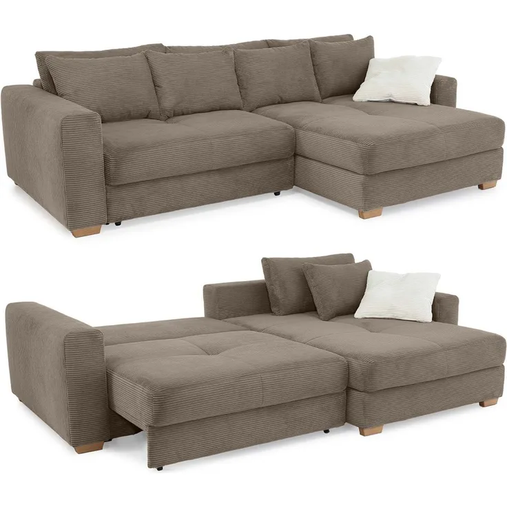 Ecksofa-Dauerschläfer Federkern Couch seitenverkehrt Bettkasten Cord Braun Taupe