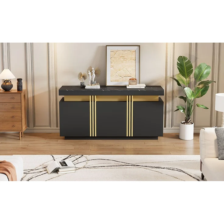 ZUBALIYA Sideboard 140x38x70 cm, mit 3 Türen, aus Spanplatte, Schwarz – Bild 22
