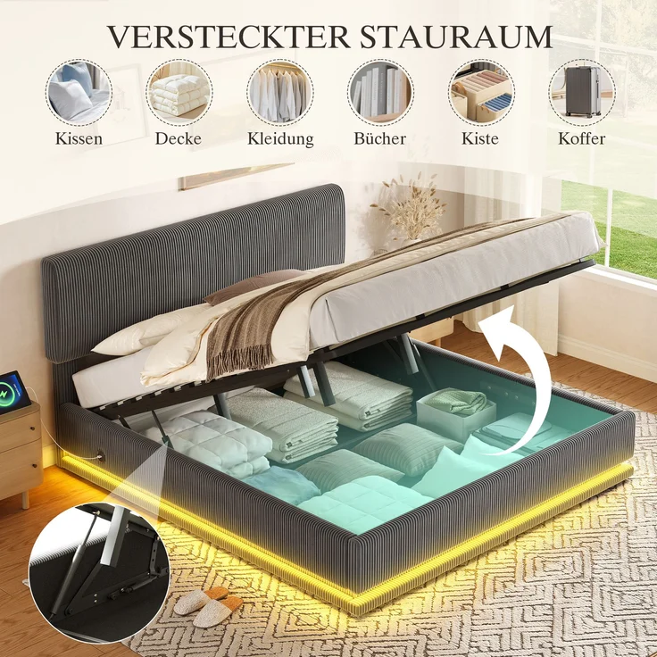 Polsterbett, Cord mit LED & USB-Anschluss, Stauraum & Lattenrost, 180x200 cm, Dunkelgrau, ohne Matratze – Bild 4