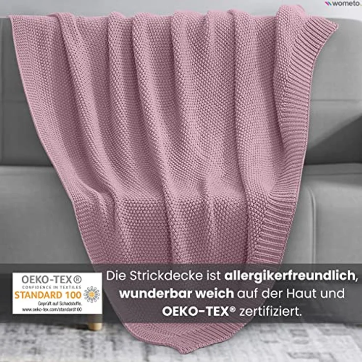 wometo Strickdecke, pink, 140x190 cm, Oeko-Tex® zertifiziert, pflegeleicht und waschbar, perfekte Kuscheldecke – Bild 2