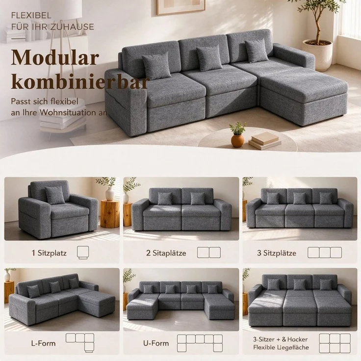 HOMAVO Ecksofa Schlafsofa, Couch L-Form, keine Montage erforderlich, inkl. Zierkissen, FSC® modulares Sofa, optionale Schlaffunktion & flexible Ottomane, Größe modular anpassbar, Stauraum je Sitz & edles Chenille für Komfort – Bild 2