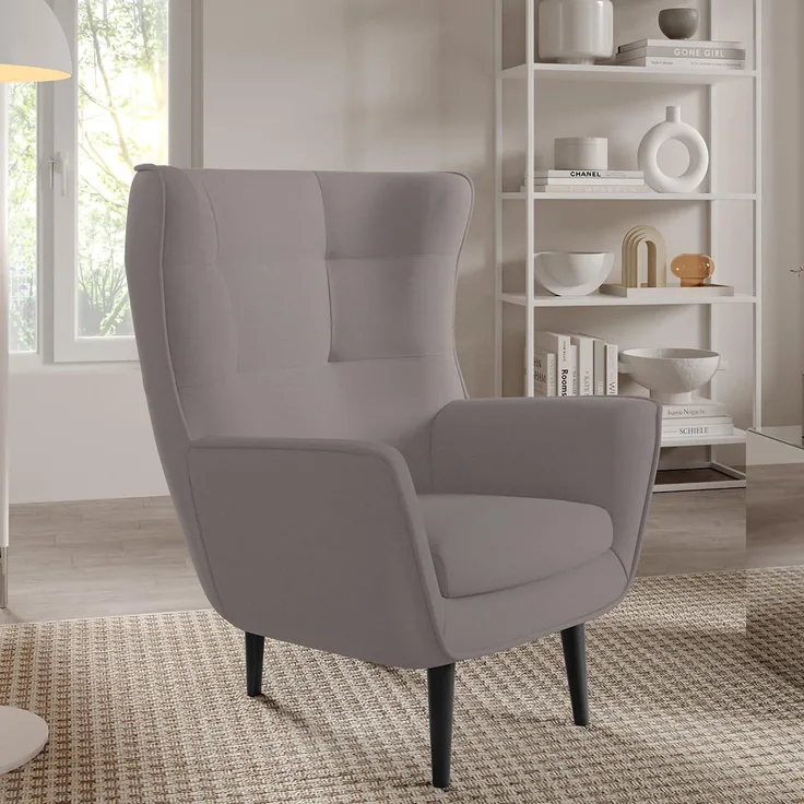 Sessel Franco Polstersessel, Einzelsessel mit Rückenlehne für Wohnzimmer und Esszimmer, bequemer Sessel, schwarze Holzfüße – Stoff Castel 20, 107 x 53 x 78 cm