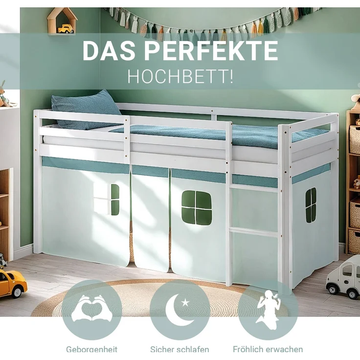 Hochbett Kinder 90x200 cm mit Lattenrost Kinderbett Kinderhochbett Stockbett Vorhang Grün Mintgrün Holz Massiv – Bild 4