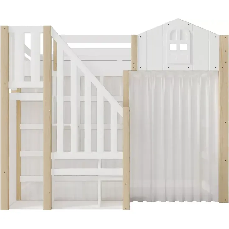 Hochbett mit LED-Beleuchtung, Lattenrost, Rausfallschutz, Treppe und Gardine, 140x200 cm, Kinderbett, Kiefer – Bild 9